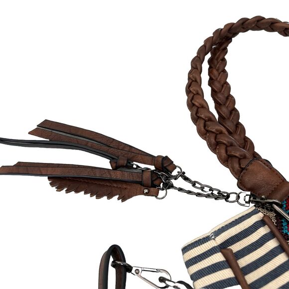 MMS Aztec & Stripe Print Satchel Tote w/Fringes Purse Handbag Removable Strap - Picture 16 of 16